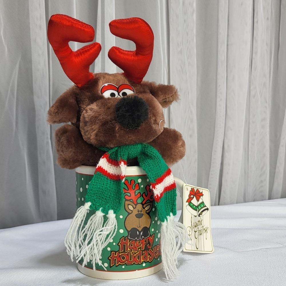 Christmas Holiday‎ Coffee Mug Tea Cup Stuffed Reindeer Deer Plush VTG 1992